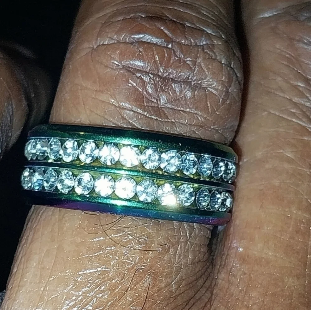 Iridescent Unisex Stainless Steel Rainbow Crystal Band Ring